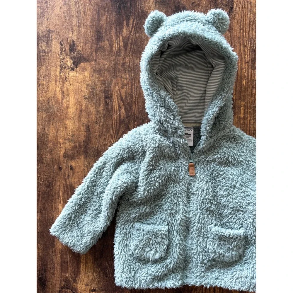 Carters Baby Sage Green Sherpa Fleece Bear Ear Hoodie Jacket 18M